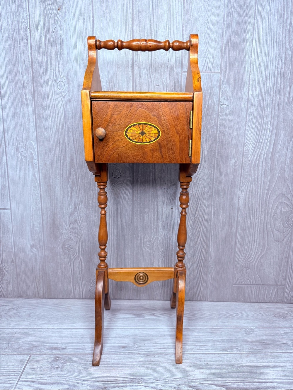 Antique wood inlay smoking stand with door and match holder small table cabinet